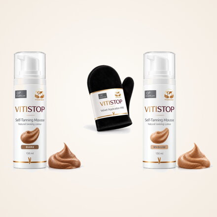 Vitistop Selbstbräunungsschaum und Velvet-Applikationshandschuh für die Vitiligo-Camouflage