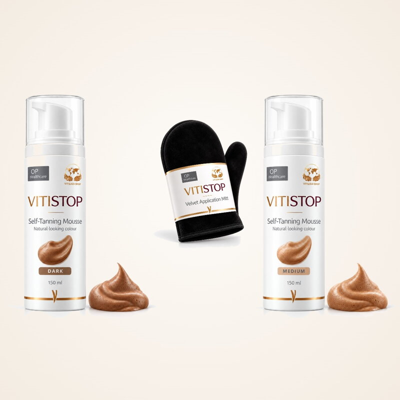 Vitistop Selbstbräunungsschaum bei Vitiligo mit Velvet-Handschuh